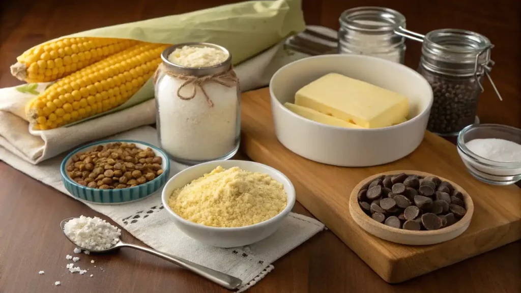 Ingredients for corn flour cookies displayed on a wooden table.