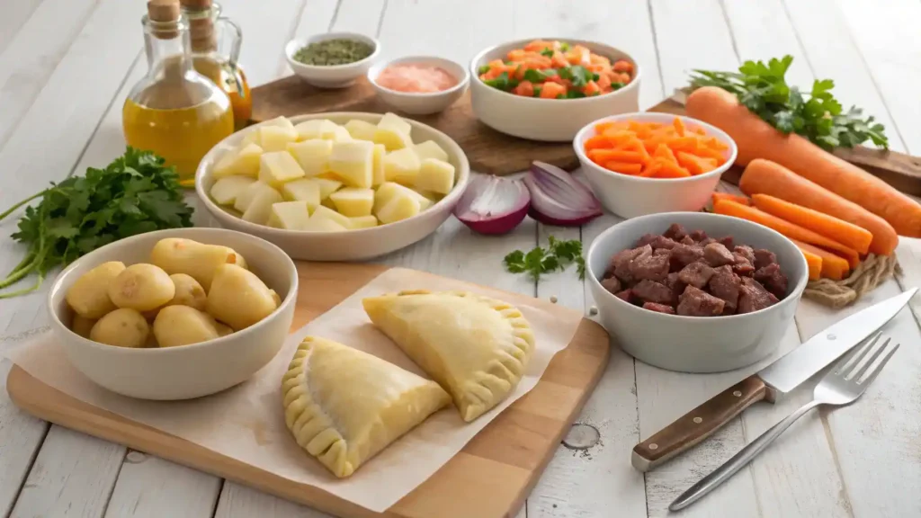 Ingredients for Cornish pasties including flour, butter, potatoes, carrots, and seasoning.