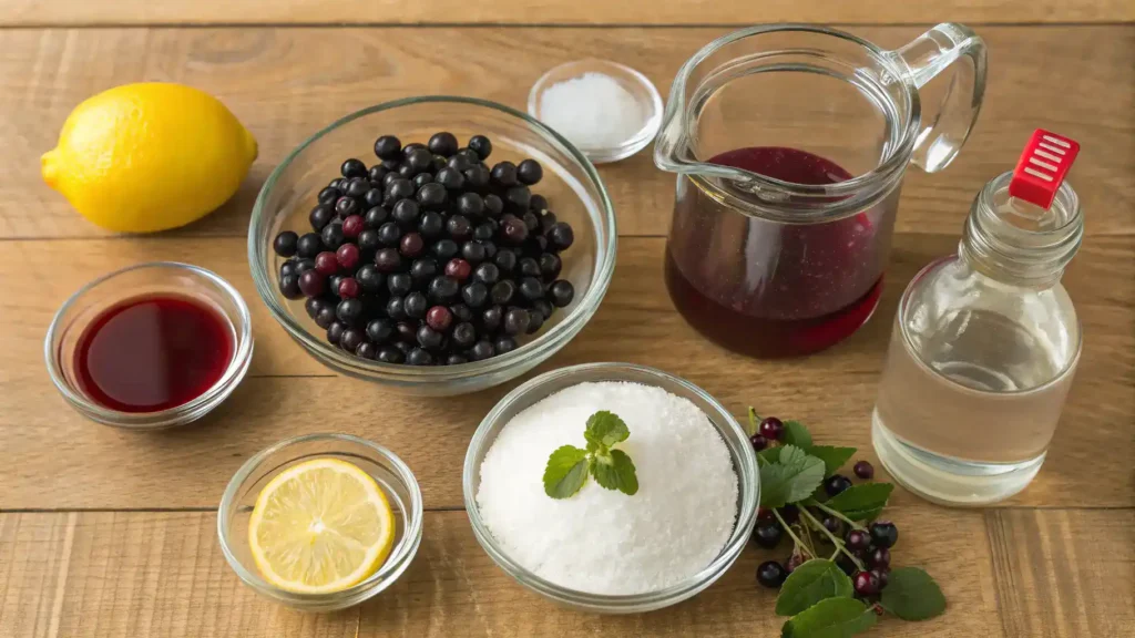Ingredients for making creme de cassis: blackcurrants, sugar, lemon juice, water, and vanilla extract.