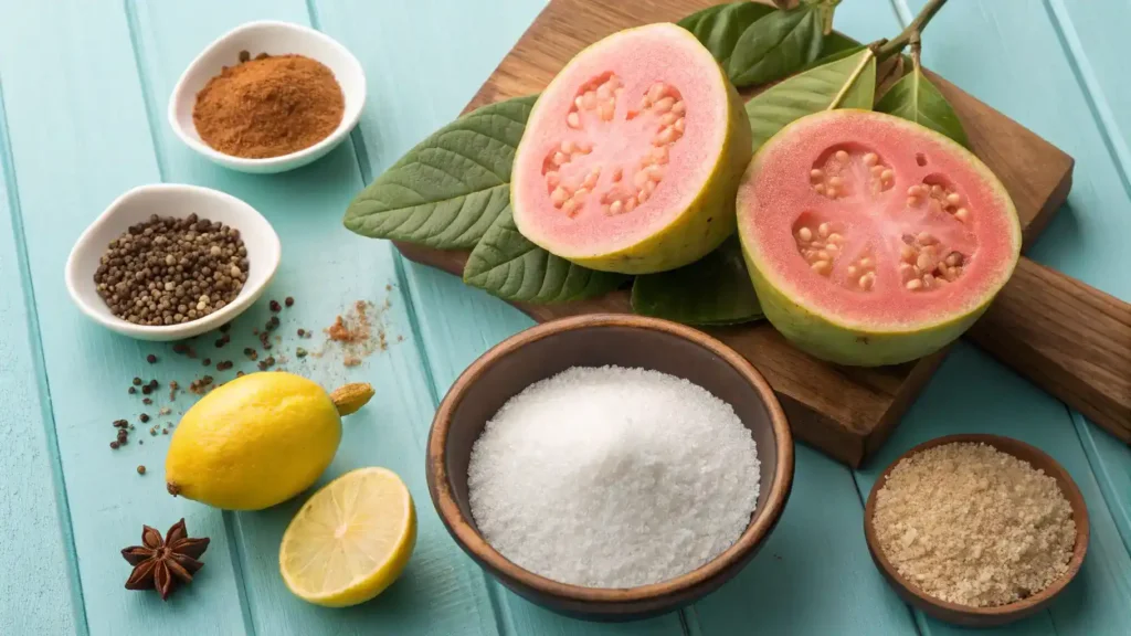Ingredients for guayaba jam including ripe guayabas, sugar, lemon juice, and spices.