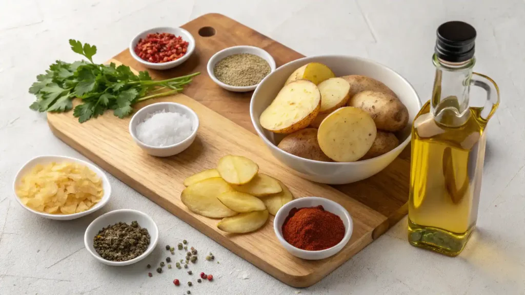 Ingredients for making hot chips, including potatoes, oil, and seasonings.