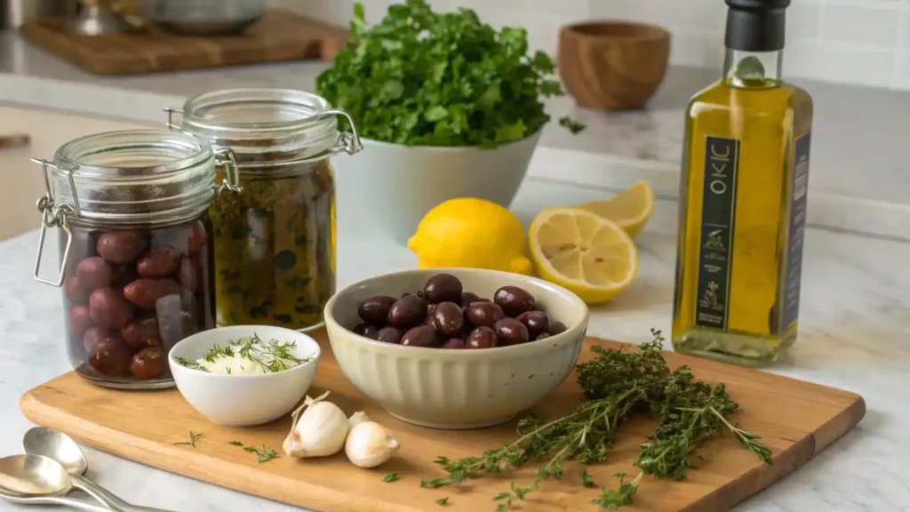 Ingredients for a Kalamata olive dish including olives, olive oil, garlic, and herbs.