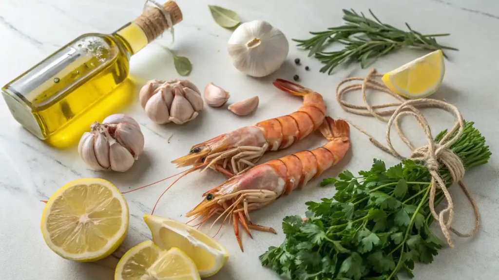 Fresh ingredients for a langoustine recipe including garlic, lemon, and herbs.