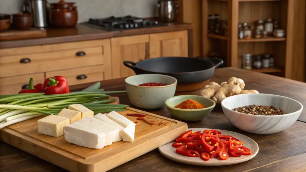 Ingredients for Lao Sze Chuan displayed on a wooden countertop.