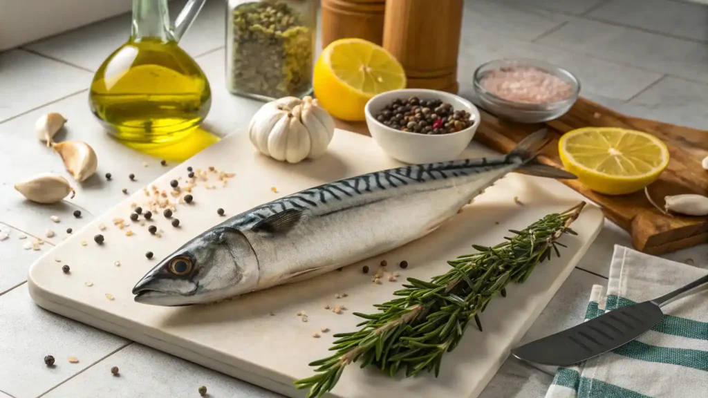 Ingredients for mackerel fish recipe including fresh mackerel, olive oil, garlic, and herbs.
