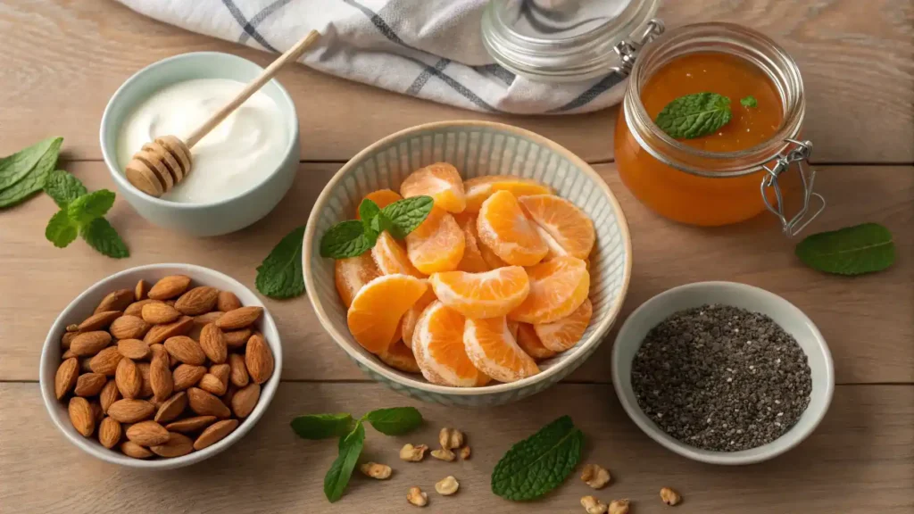 Ingredients for mandarin orange dessert displayed on a wooden table.