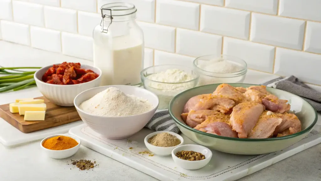 Ingredients for Maryland Fried Chicken displayed on a kitchen counter.