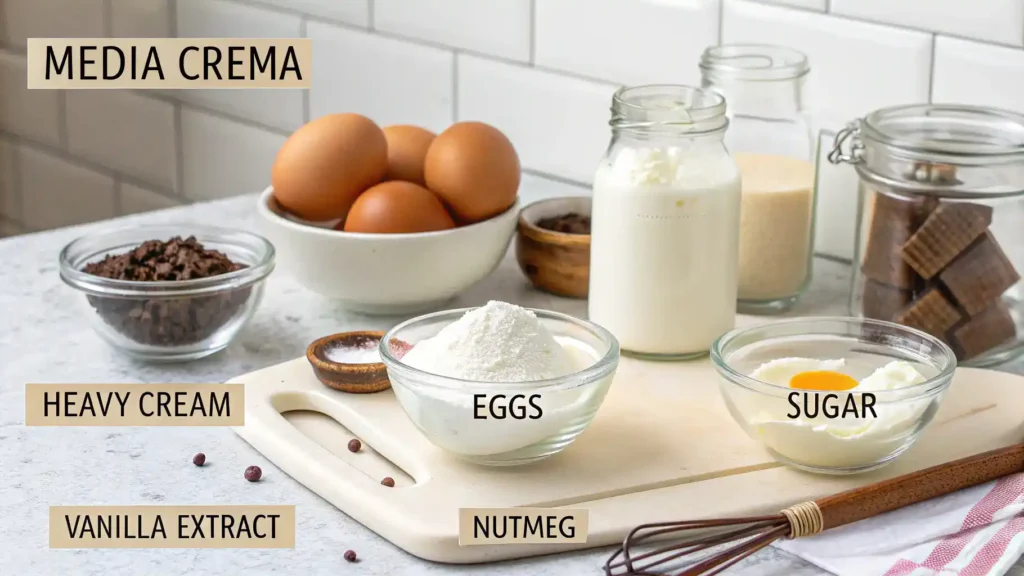 Ingredients for a media crema recipe including media crema, chicken broth, garlic powder, and fresh herbs.