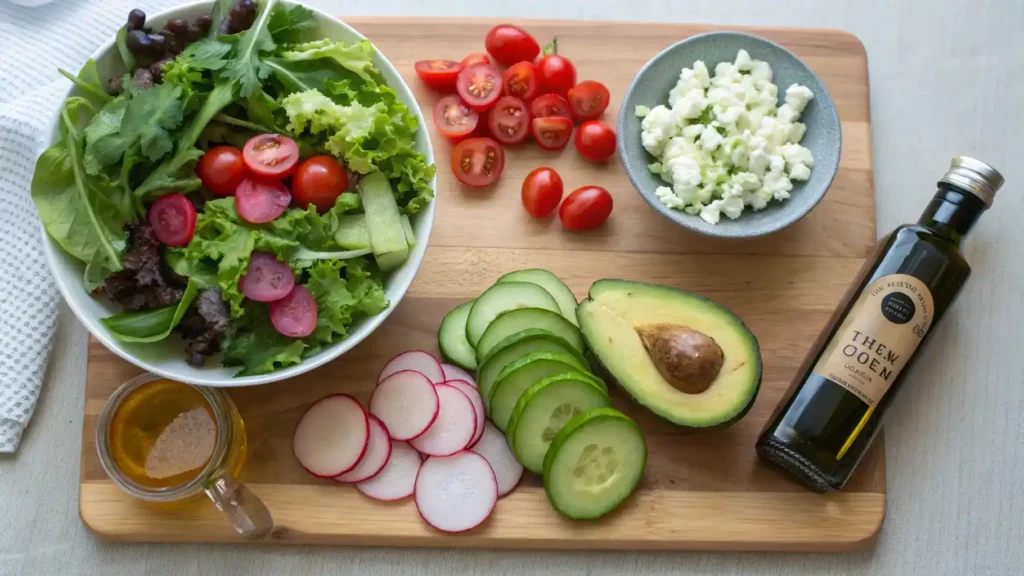 A collection of fresh ingredients for a mesclun salad, including greens, tomatoes, cucumber, radishes, avocado, and feta cheese.