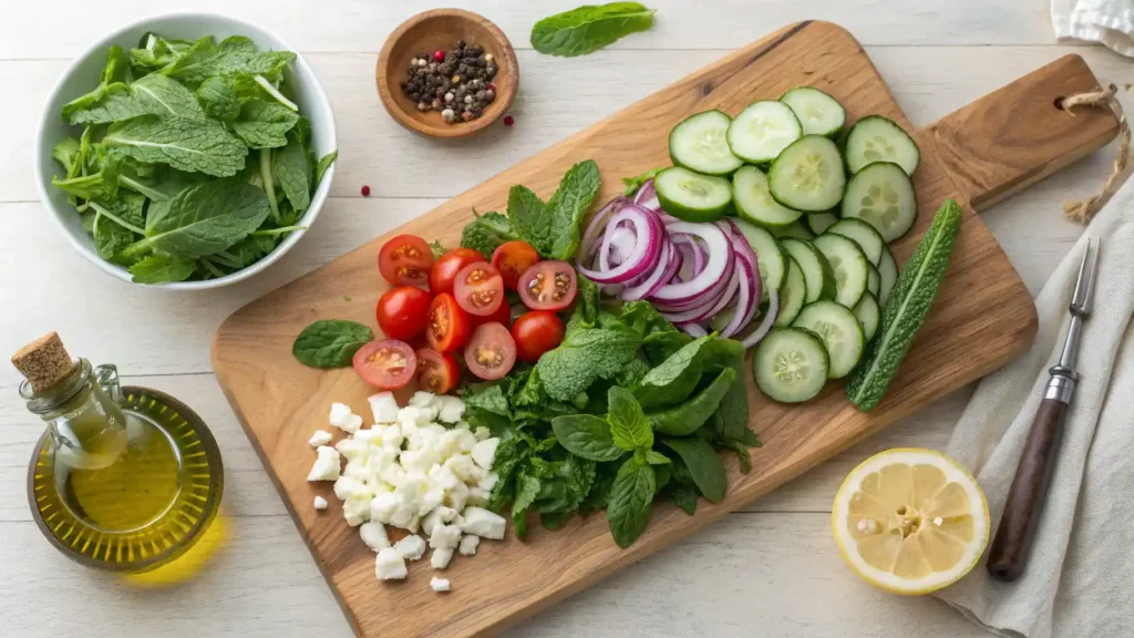 Ingredients for minted greens salad including mixed greens, mint leaves, cucumber, cherry tomatoes, and more.