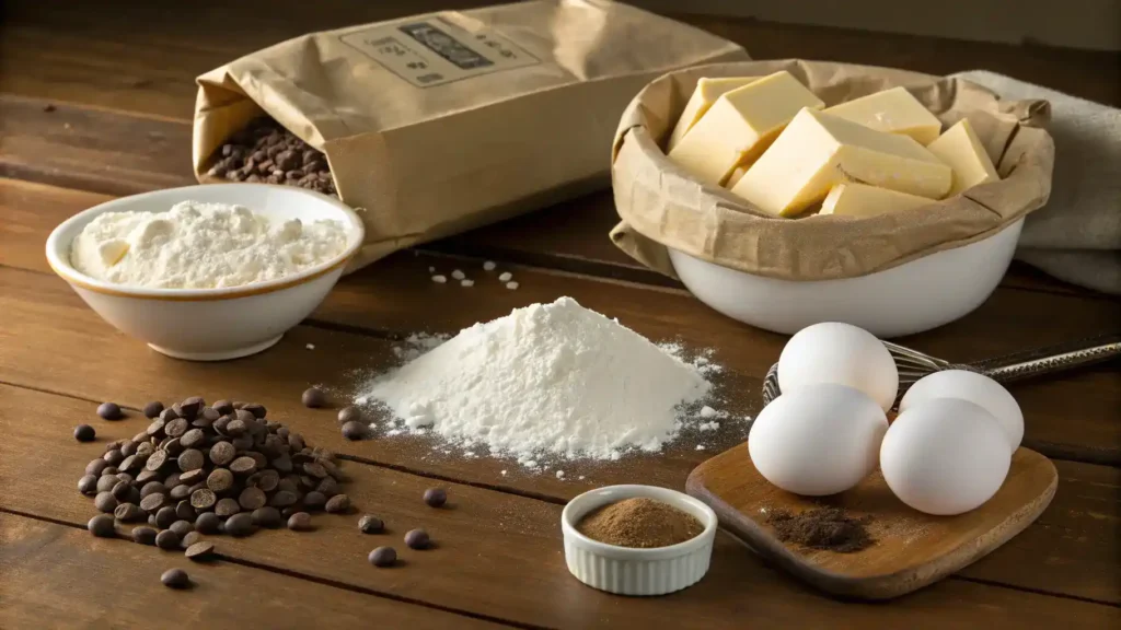 Ingredients for Pillsbury cookies including flour, sugar, butter, eggs, and chocolate chips.