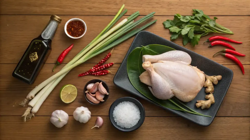 Ingredients for Poulet Thailand displayed on a wooden table.