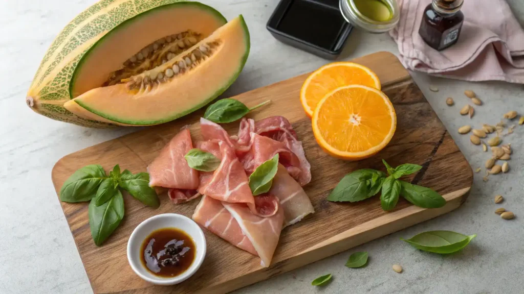 Ingredients for prosciutto e melone including cantaloupe, turkey breast, basil, olive oil, and balsamic glaze on a cutting board.