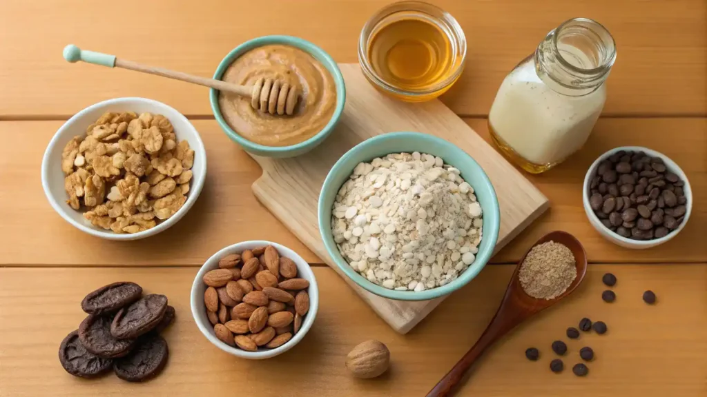 Ingredients for protein cookies displayed on a wooden countertop.