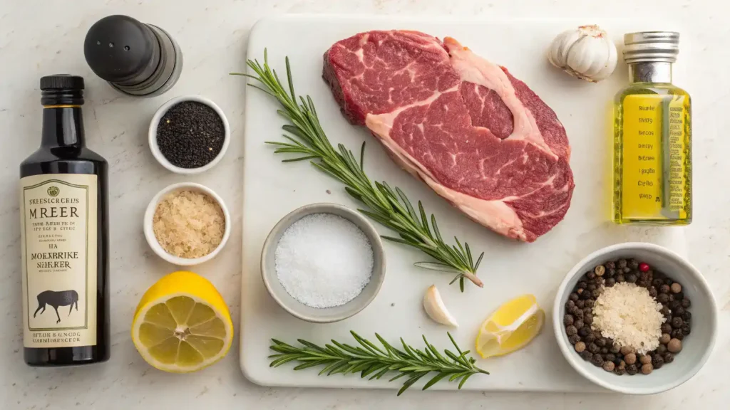 Ingredients for ribeye steak recipe displayed on a kitchen counter.