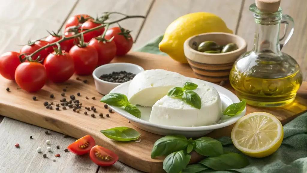 Ingredients for making ricotta salata displayed on a wooden table.
