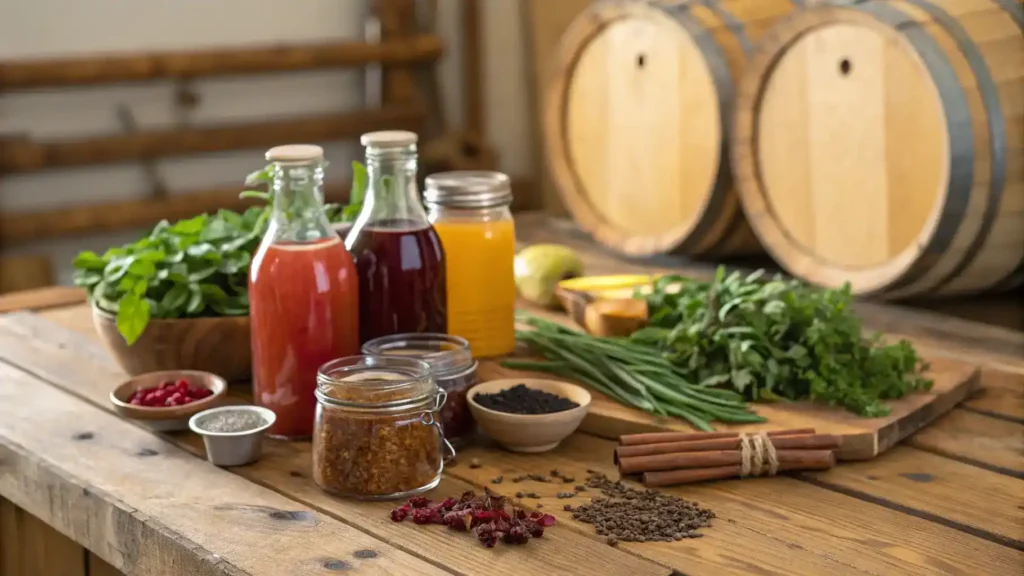 An assortment of schnapps ingredients including fruit juices, fresh herbs, and spices arranged on a wooden table.