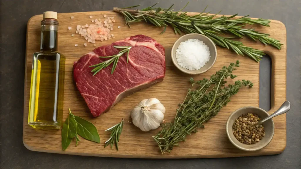 Ingredients for sirloin tip steak including olive oil, garlic, and fresh herbs.