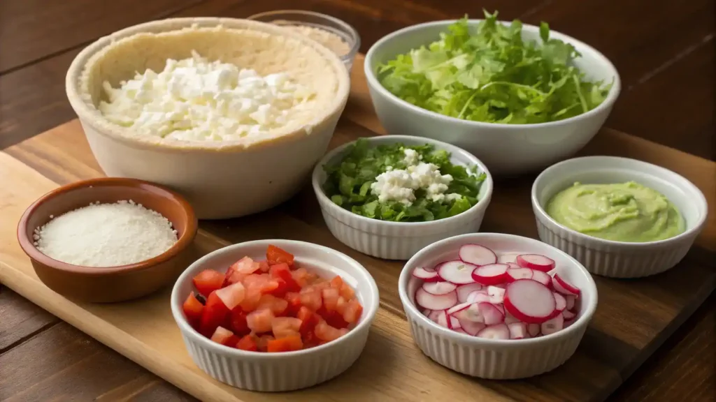 Ingredients for making sopes, including masa harina, refried beans, and toppings.