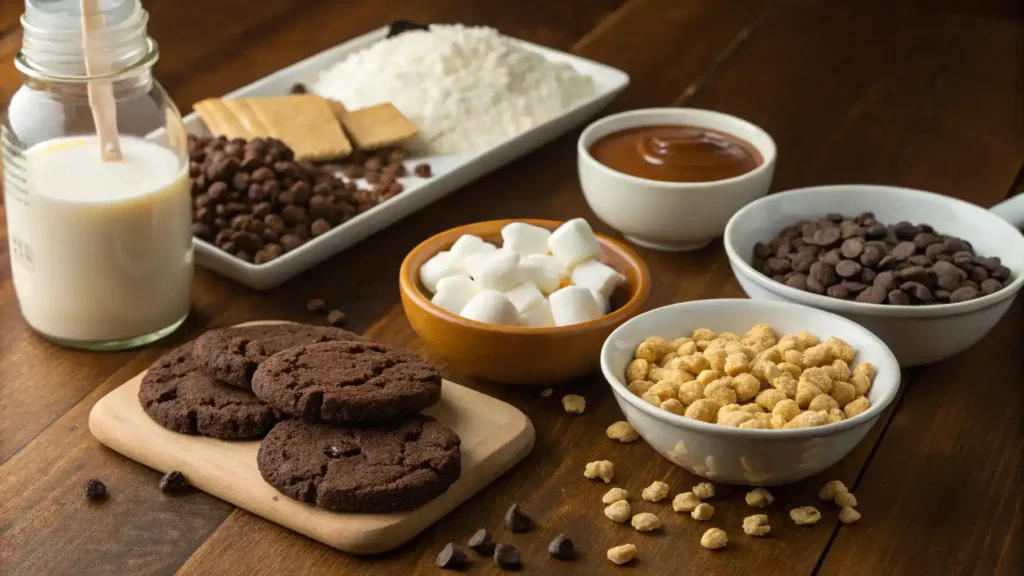Ingredients for Star Crunch including chocolate cookies, marshmallows, and peanut butter displayed on a wooden table.
