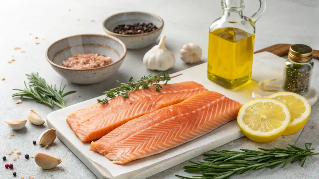 Ingredients for steelhead trout recipe including fresh trout fillets, olive oil, lemon, garlic, and herbs on a kitchen countertop.