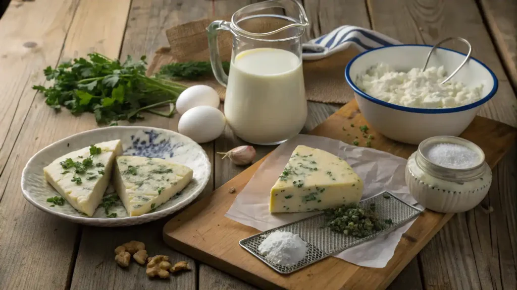 Ingredients for making stilton cheese including milk, salt, rennet, and Penicillium roqueforti.