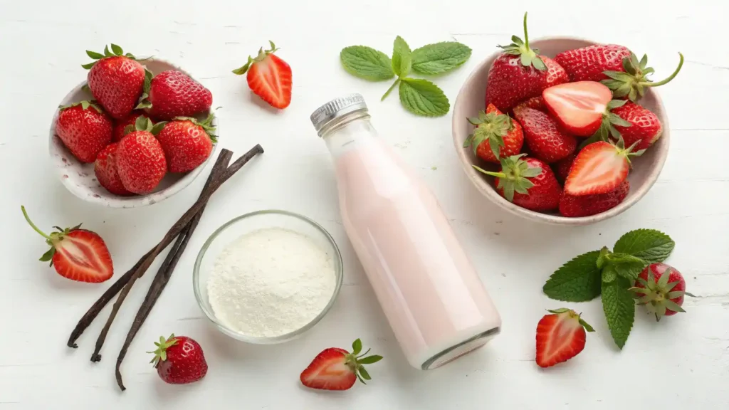 Ingredients for making strawberry milk displayed beautifully.