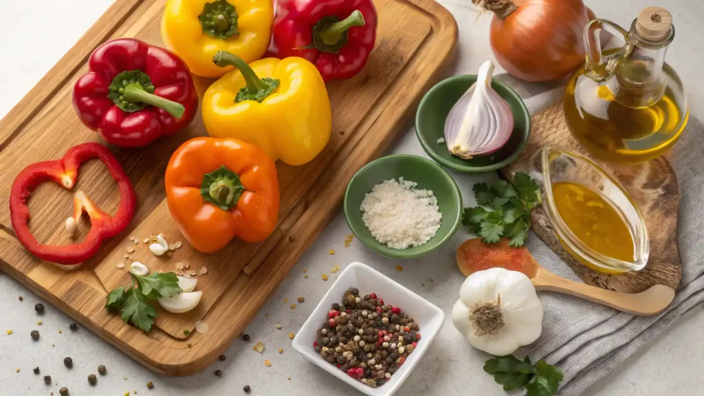 Ingredients for sweet peppers recipe including colorful sweet peppers, olive oil, garlic, and onion.