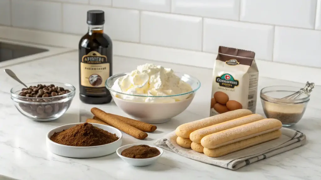 Ingredients for tiramisu cake displayed on a kitchen counter.