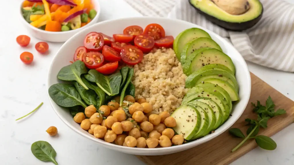 Ingredients for a Yummy Bowl including quinoa, chickpeas, spinach, cherry tomatoes, and avocado, displayed on a wooden table.