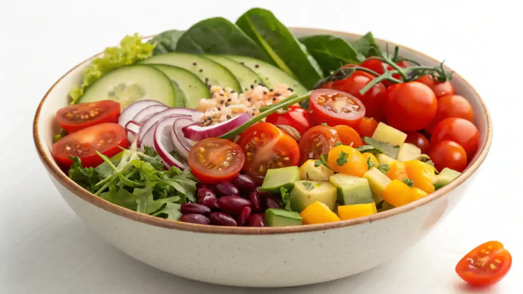 A vibrant salad bowl filled with mixed greens, cherry tomatoes, cucumbers, red onion, avocado, and feta cheese.