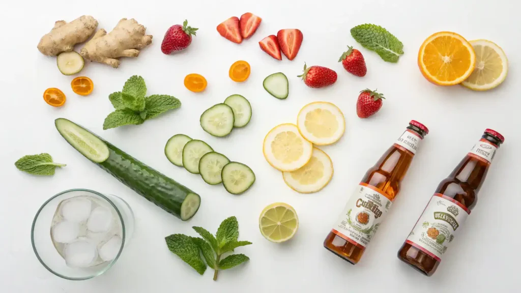 Ingredients for a Pimms mocktail displayed on a wooden table.