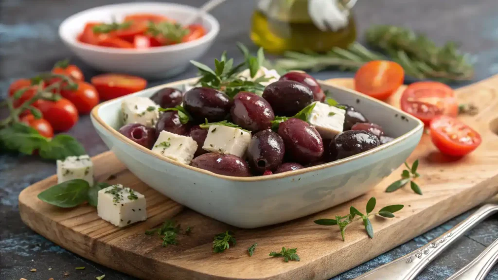 A beautifully plated dish featuring Kalamata olives and colorful ingredients.