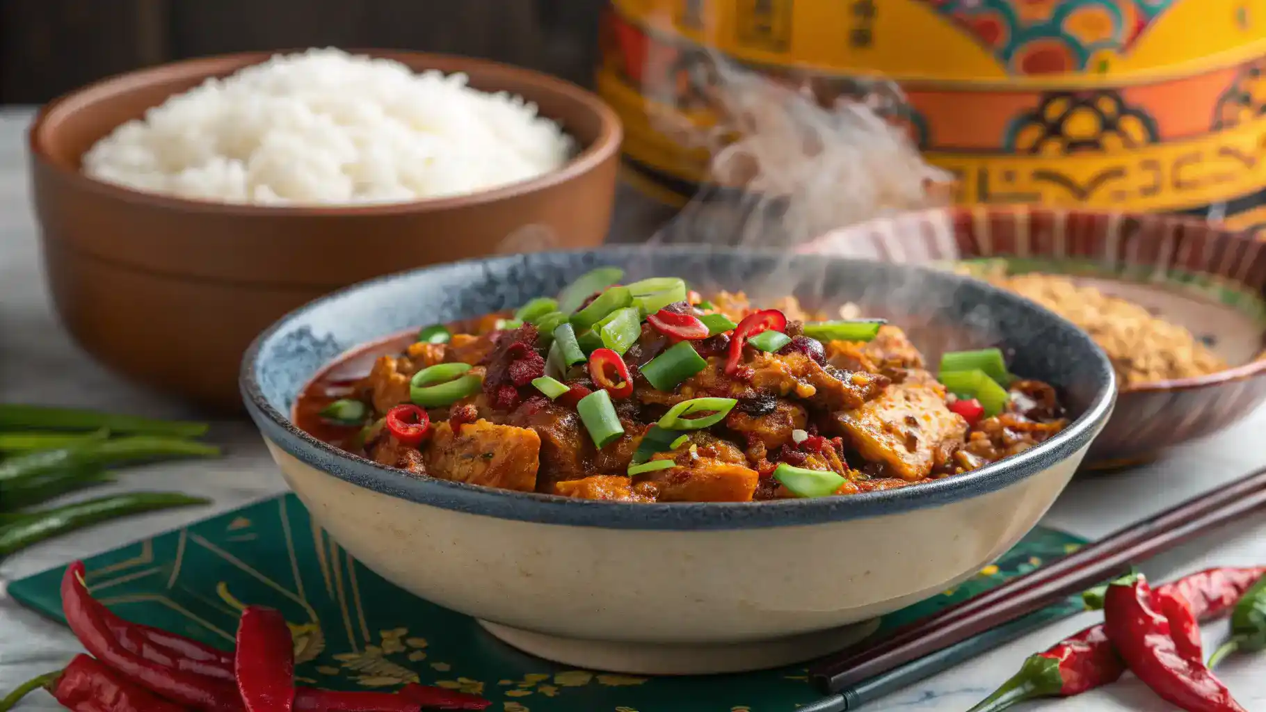 A finished bowl of Lao Sze Chuan garnished and served.