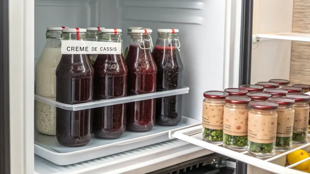 Storage and freezing methods for creme de cassis in labeled containers.