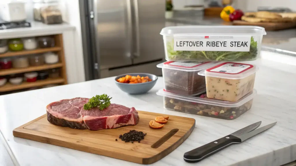 Proper storage methods for leftover ribeye steak.