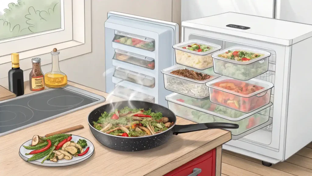 Airtight containers for storing leftover stir-fry and a skillet for reheating.