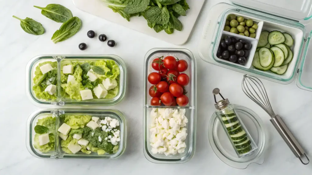 Storage tips for minted greens salad with airtight containers.
