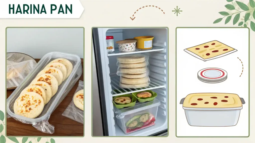 Storage tips for leftover arepas made with harina pan, showing airtight containers and freezing methods.