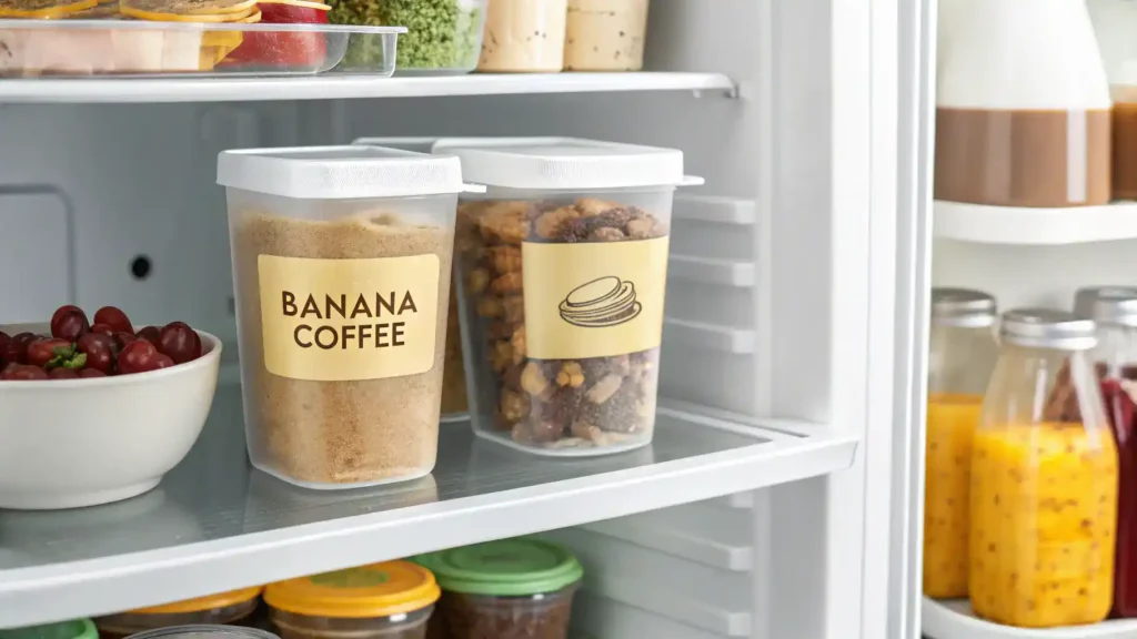 Storage tips for banana coffee, including airtight containers and refrigerator.