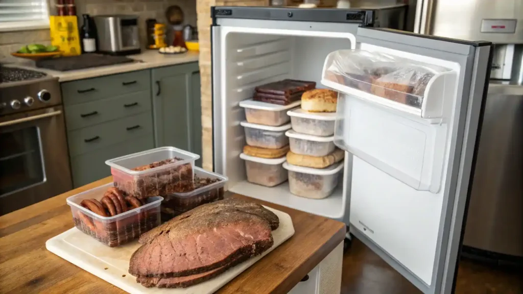 Proper storage methods for leftover brisket, including containers and plastic wrap.