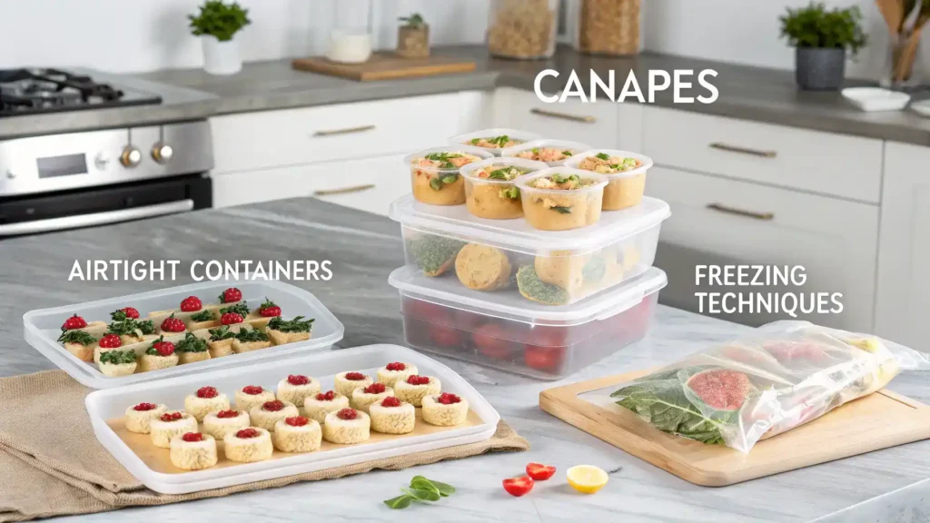 Proper storage methods for canapes, showcasing airtight containers and freezing techniques.