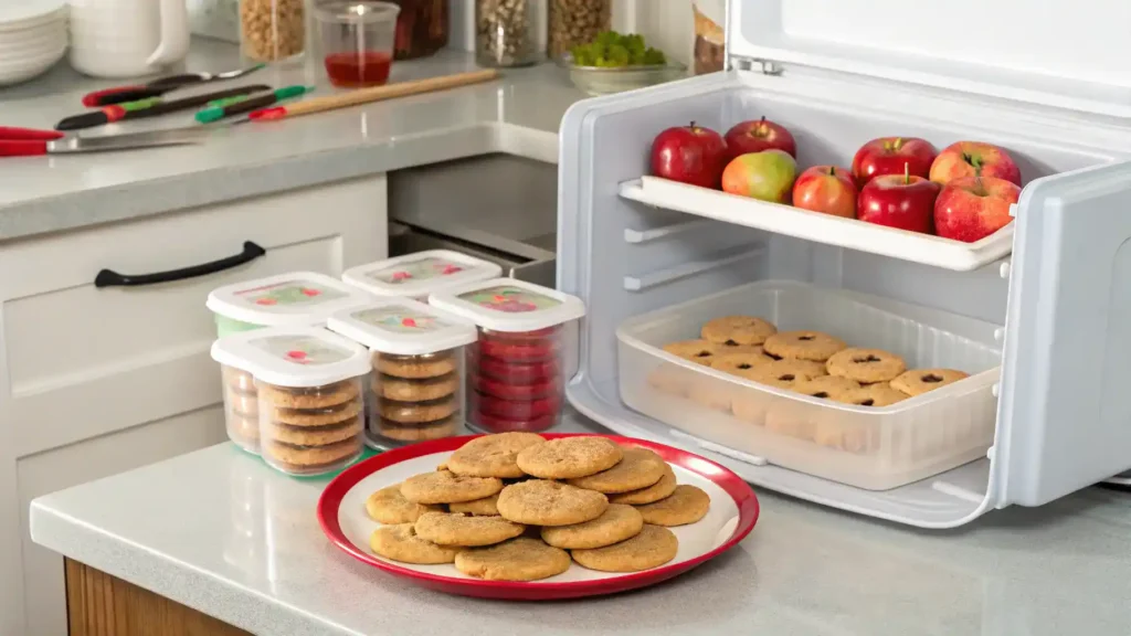 Storing methods for candy apple cookies displayed with visuals.