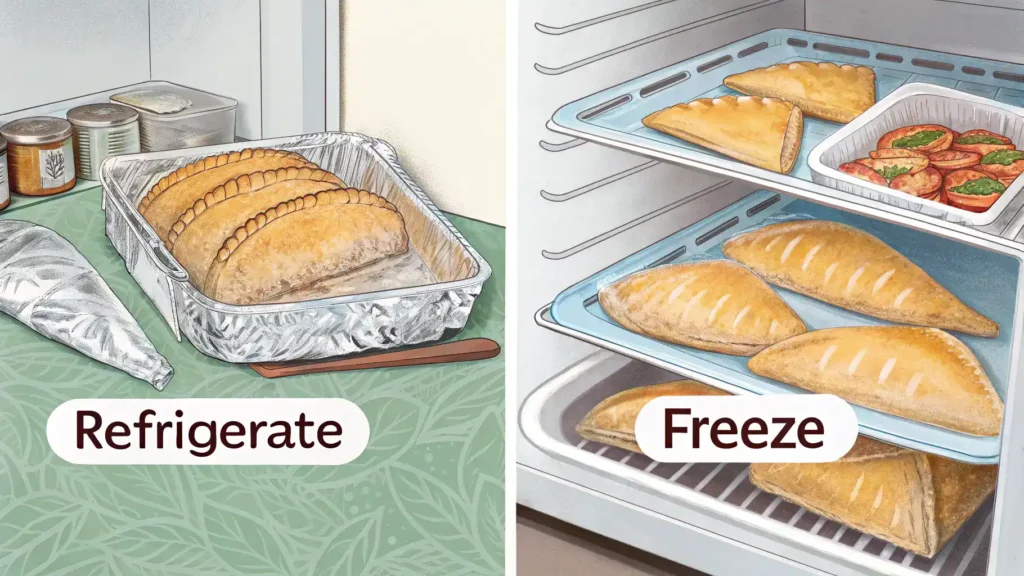 Storage methods for Cornish pasties, including airtight containers and freezer bags.
