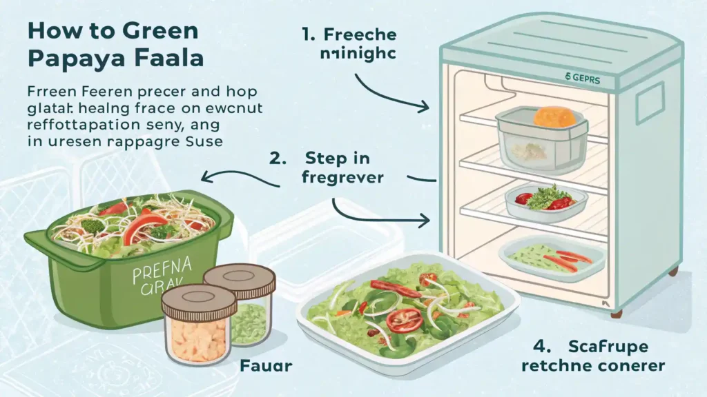 Storage tips for green papaya salad with containers and refrigerator.