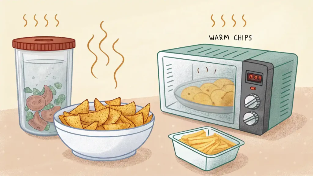 Storing and reheating hot chips for optimal freshness.