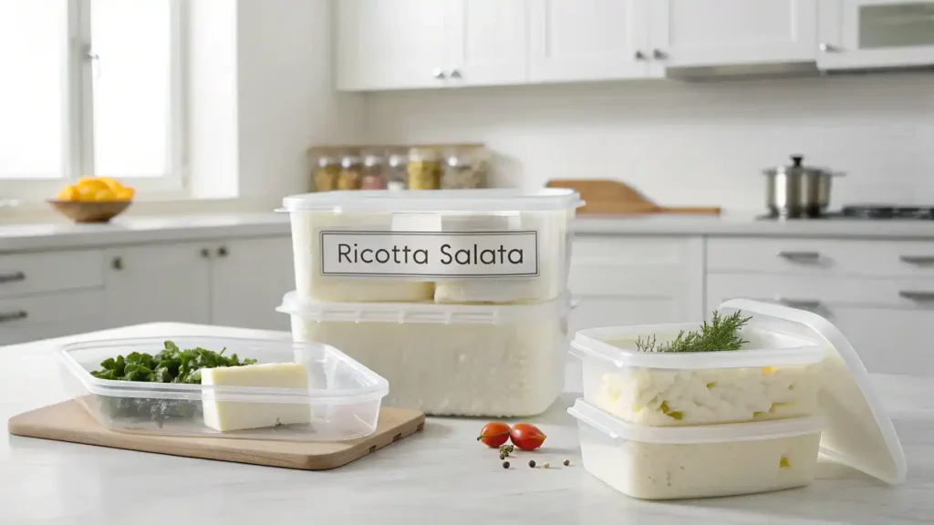 Proper storage methods for ricotta salata in airtight containers.