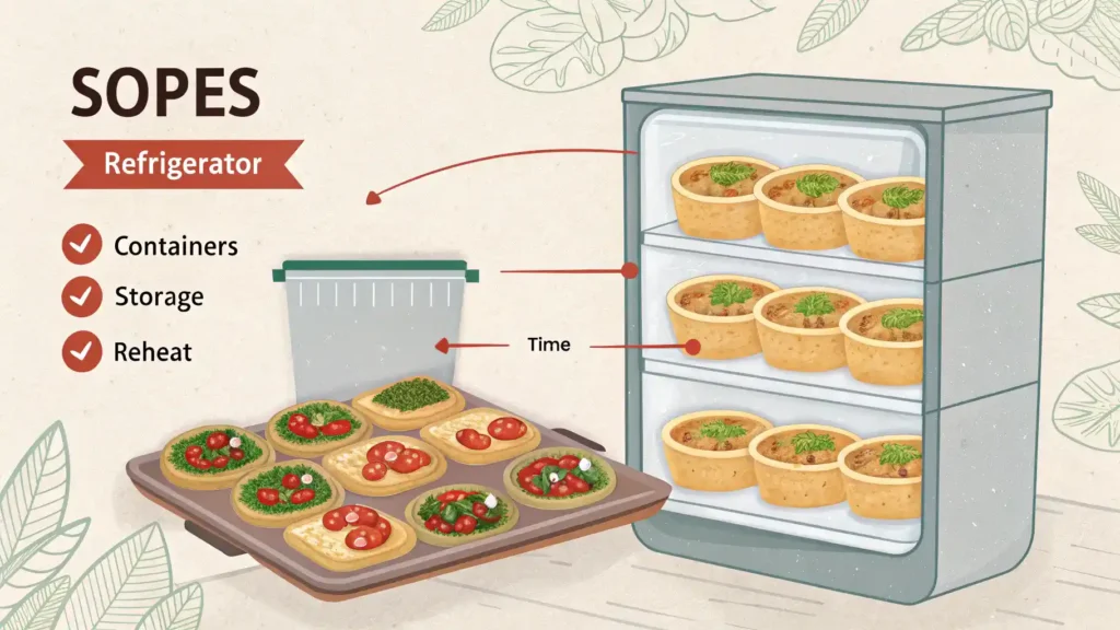 Instructions for storing and reheating sopes.