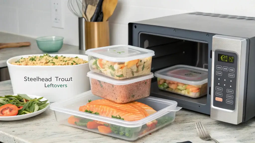 Storing and reheating steelhead trout leftovers in airtight containers.