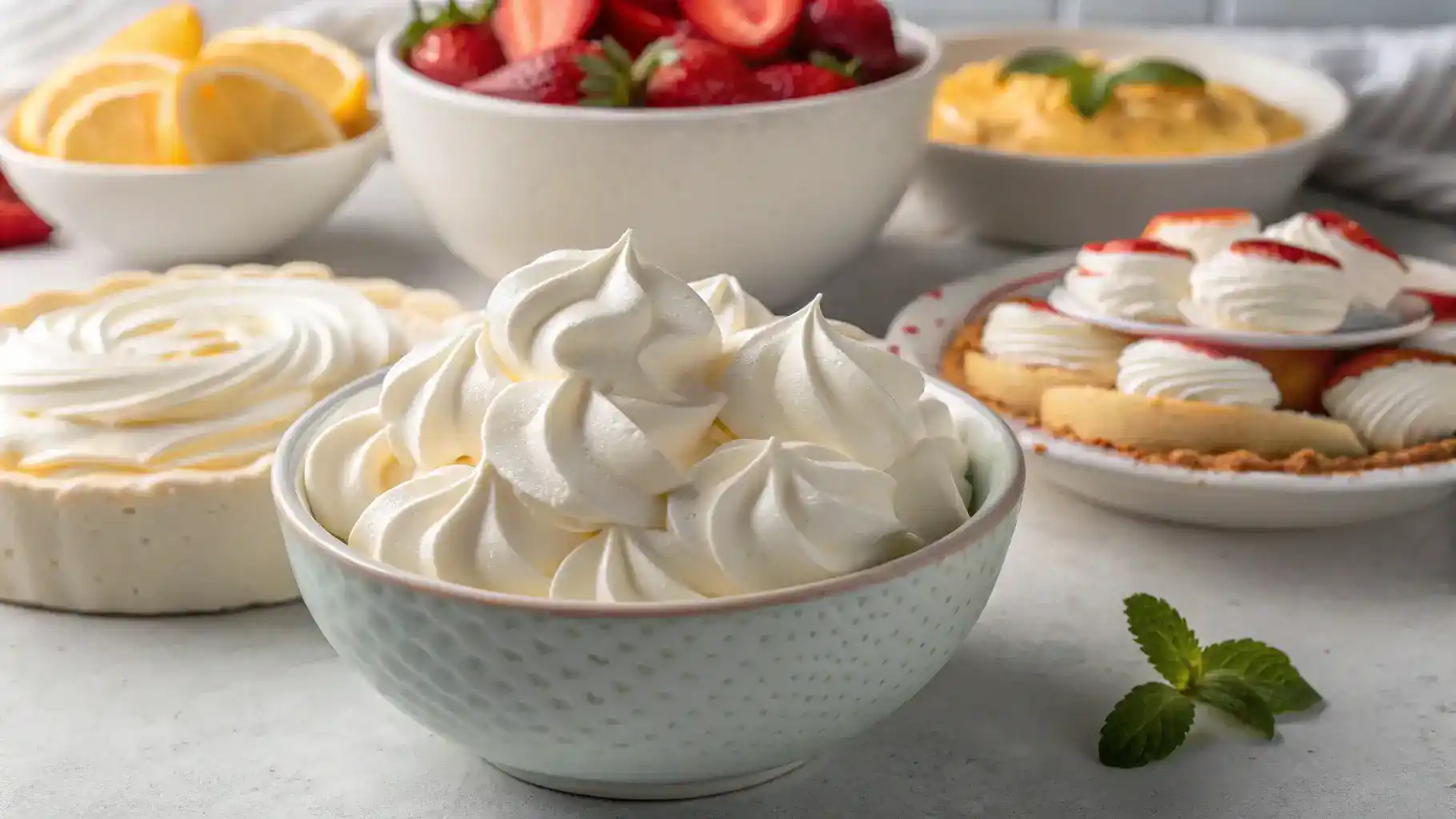 A bowl of media crema showcasing its creamy texture, surrounded by dishes it can enhance.